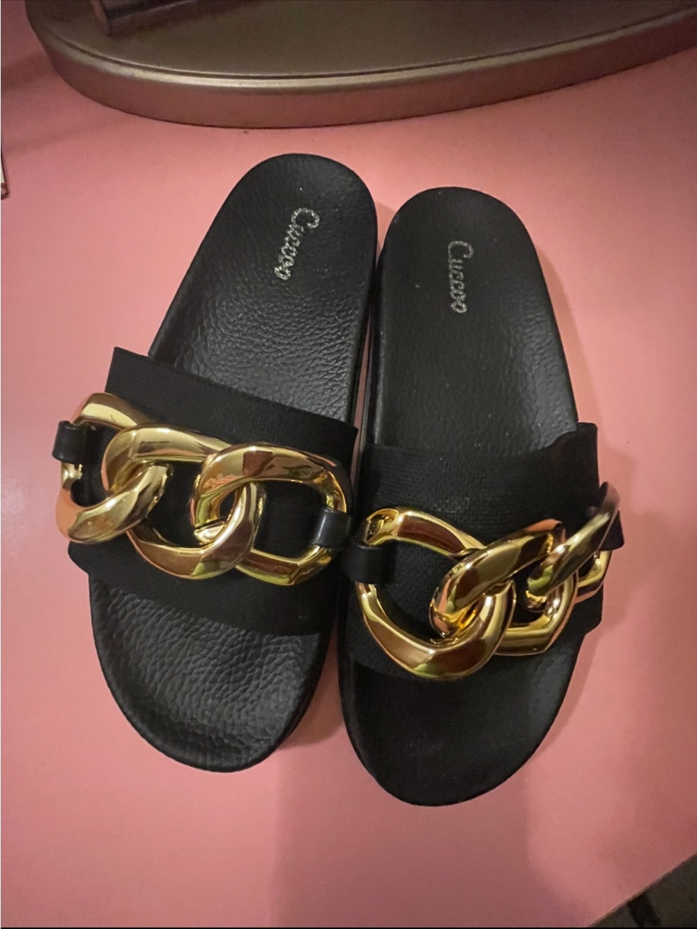 SHEIN Black Slide Sandals with Gold Chain Link Detail